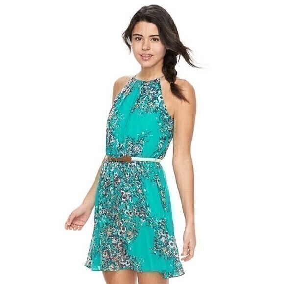 NWT Iz Byer Floral Spaghetti Strap Pintuck Halter Chiffon Turquoise Dress Size S - Picture 10 of 10